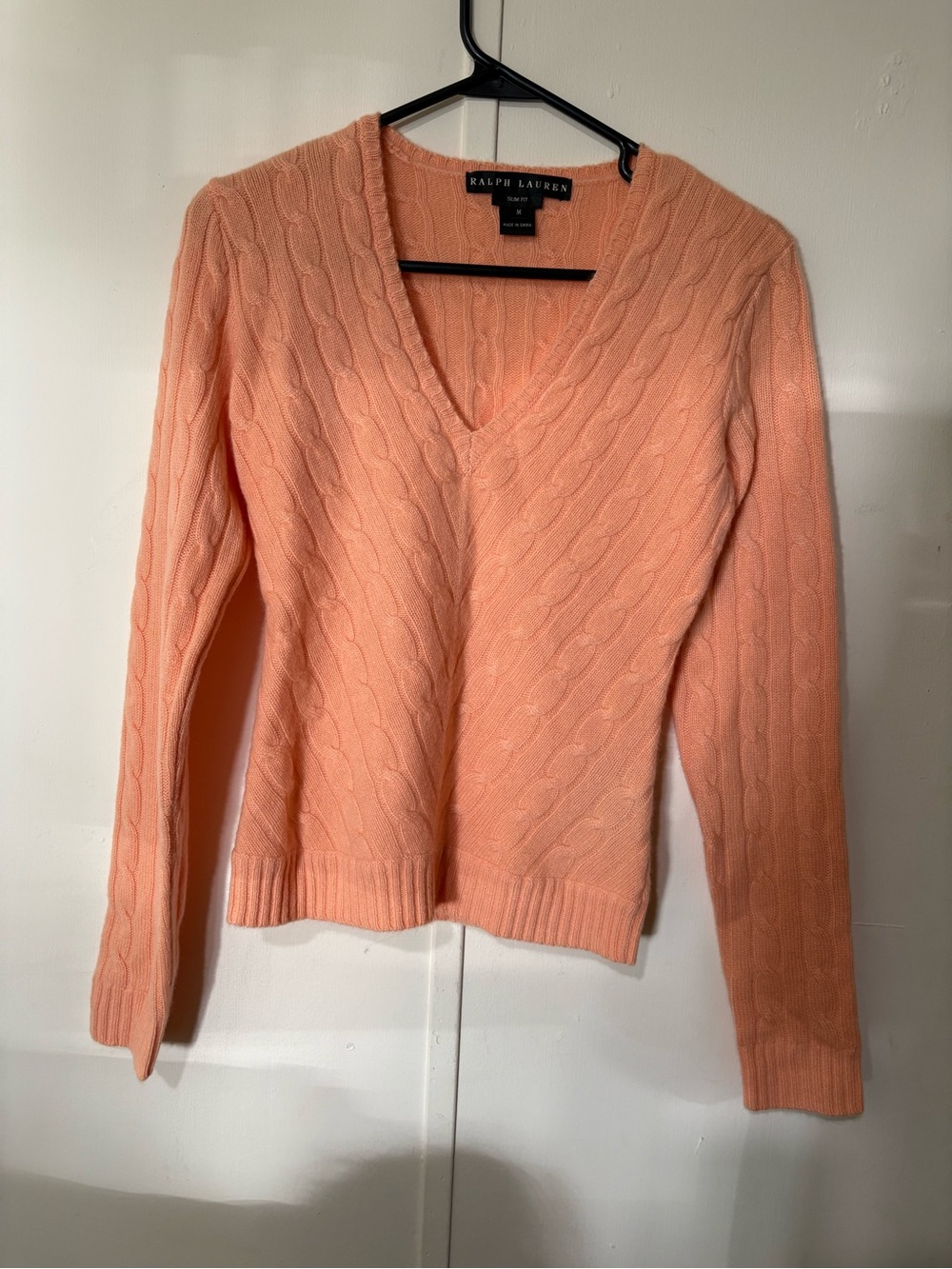 Ralph Lauren Women's Peach Cable-Knit V-Neck Sweater